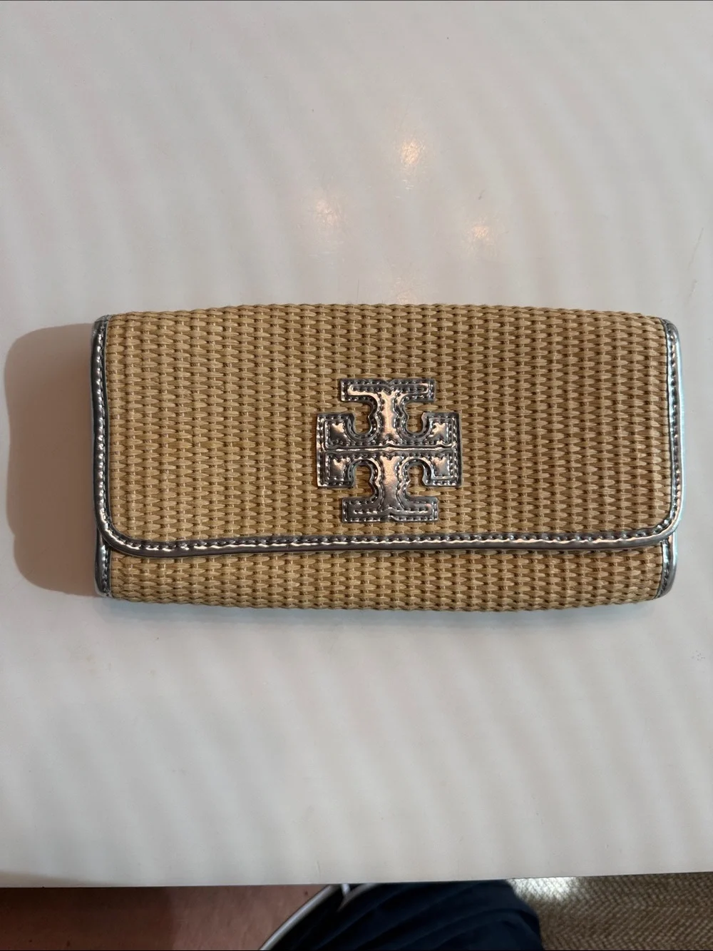Tory Burch Woven Tan Clutch with Silver Trim - no strap